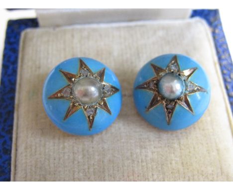 A pair of Pearl, Enamel and Diamond Ear Studs each set pearl in star set rose-cut diamonds within turquoise enamel surround