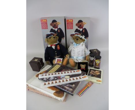 A Steiff Victorian girl and boy Teddy Bear, boxed, Teddy bear Books, Cockrill, Linda Mullins, etc, Teddy head Brooches, Ruler