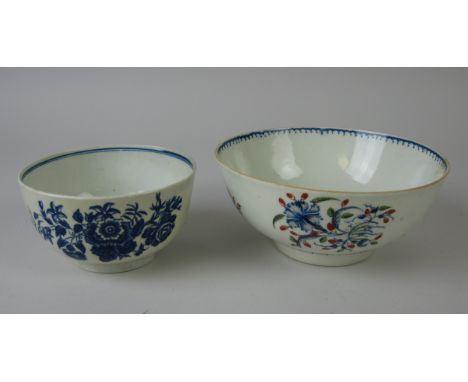 An 18th Century Worcester Bowl with polychrome floral decoration, 6 1/4in and an 18th Century Worcester blue and white Bowl 4