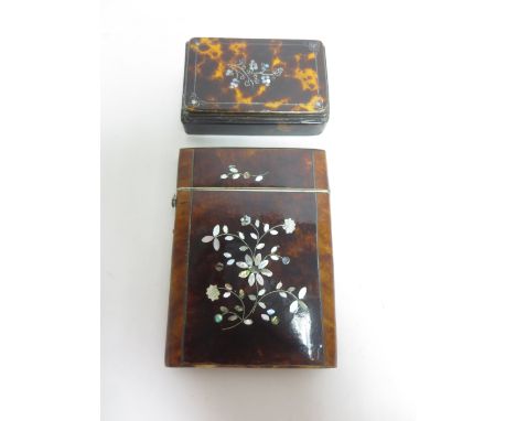 A 19th Century tortoiseshell Card Case with mother of pearl floral inlay and a Snuff Box