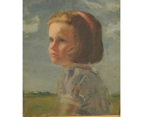 ALICE MARY BURTON. Portrait of a Girl, quarter-length, a landscape beyond, oil on canvas, 17 1/2 x 13 1/2 in