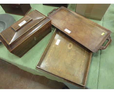 A Victorian rosewood sarcophagus shape Tea Caddy with interior divisions and ring handles, 15in, an inlaid Tray and an Orient