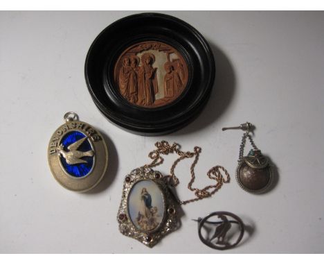 A George VI silver and blue enamel ‘Devonshire’ Locket, London 1946, an early silver Eagle Brooch, an Anglo-Indian Pendant Sn