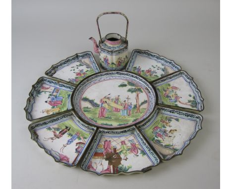 An Oriental enamel Teapot and part set of Hors d’euvre Dishes painted figures in a landscape 