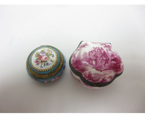 A gilt-metal mounted enamel circular Box with hinged cover painted floral bouquets in coloured enamels, and a Continental Box
