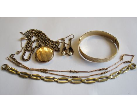 A 9ct gold Bracelet, a Bangle and a Locket on fancy link chain, etc