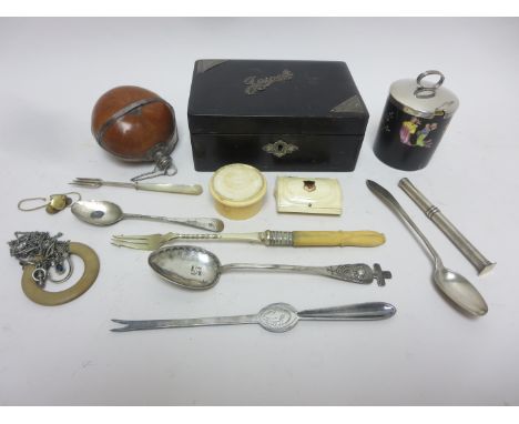 A George V silver mounted ebonised Jewel Box, London 1920, silver lidded Spode Preserve Jar and Spoon, various Spoons and For