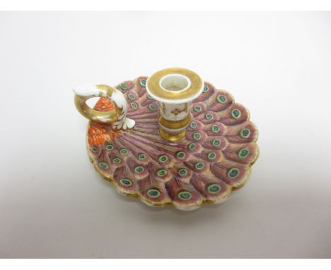 An early 19th Century Coalport Chamber Candlestick painted design of peacock feathers in colours and gilt, 3 1/4in, John Rose