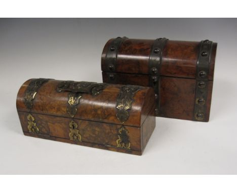 A Victorian walnut cased Tea Caddy with domed lid, brass bound, and a similar Jewellery Box with brass mounts and handle