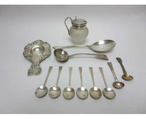A Victorian silver mounted frosted glass Mustard Pot with mask to handle, London 1854, a Sauce Ladle, London 1835, six Teaspo