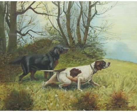 R. O. TEMPLE. Two hunting dogs in landscape, signed and dated 1905, oil on canvas, 15 x 19in