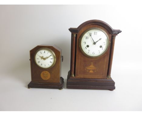 An Edwardian Mantel Clock with two train movement, in mahogany case having urn inlay and turned columns, and a smaller Clock 