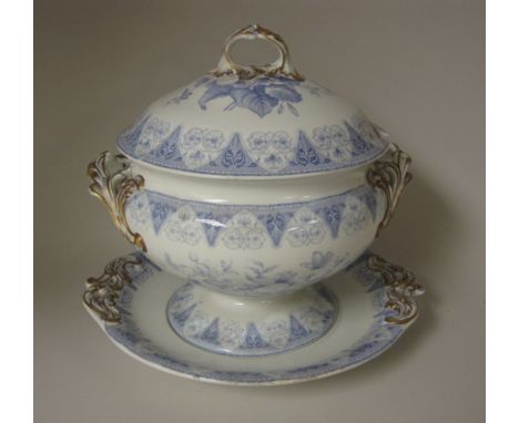 A Wedgwood pearl Soup Tureen, Cover and Stand, decorated  Moresque  pattern in mauve with gilt detail