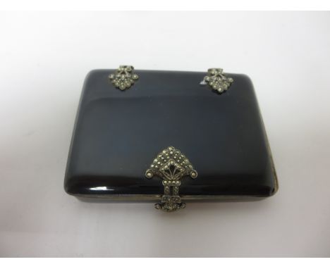 A George V Continental silver and black enamel Cigarette Case , the clasp and hinges set with marcasite, import mark: London 