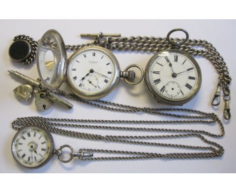 A Lady’s Fob Watch, the white enamel dial with roman numerals and floral decoration in silver case, London 1885, on muff chai