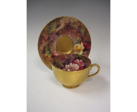 A Royal Worcester Cabinet Cup and Saucer painted roses, signed W.H. Austin, dated 1912, Saucer 5 1/2in D and Cup 3 1/4in D, t