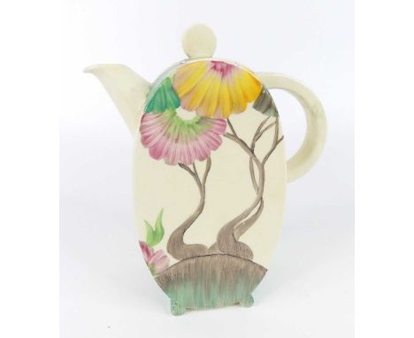 A 1930s Clarice Cliff Viscaria pattern pottery Bonjour coffee pot and cover, typically bright colour decorated, black printed
