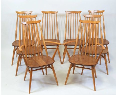 A set of eight Ercol Goldsmith light elm stickback dining chairs, model 369 and 369A (6+2), elbow chair w.61cm, side chair w.