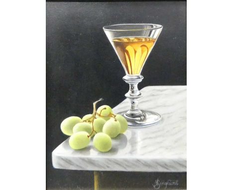 *Anne Songhurst (b.1946) - Sherry and grapes, oil on panel, signed lower right, 20.5 x 15.5cm