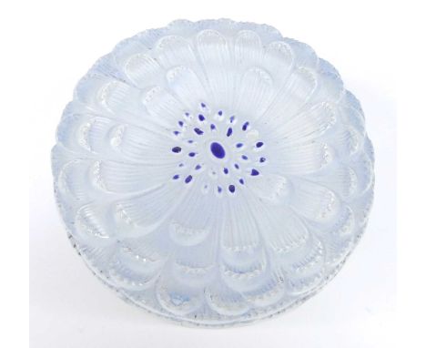 Rene Lalique (1860-1945) - a Dahlia pattern opalescent and frosted moulded glass circular box and cover, acid etched mark to 