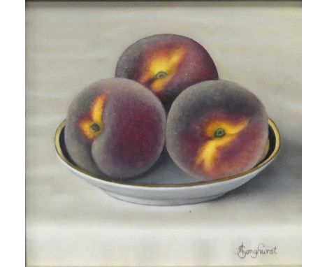 *Anne Songhurst (b.1946) - Three peaches, oil on panel, signed lower right, 15.5 x 16cm