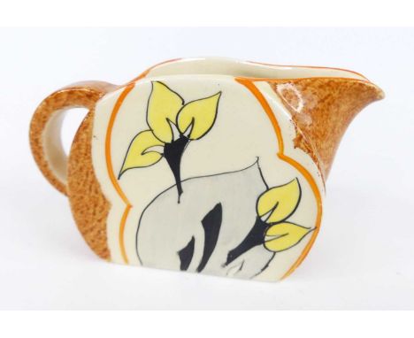 A 1930s Clarice Cliff Cowslip (Brown) pattern pottery cream jug, in the Bonjour shape, bright colour decorated, black printed