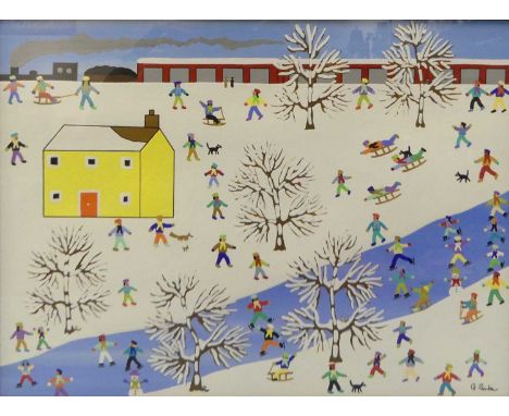 Gordon Barker (b.1960) - Figures playing in the snow with yellow house, acrylic on paper, signed lower right, 29 x 39cm 
