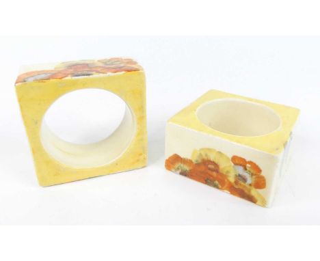 A pair of 1930s Clarice Cliff Rhodanthe pattern pottery square napkin rings, each 5 x 5cm Each with mid to wide crazing throu