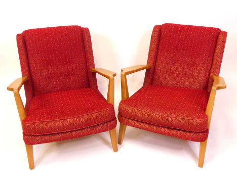 Ernest Gomme for G-Plan - a pair of 1960s beech framed and red fabric button back upholstered open armchairs, each having squ