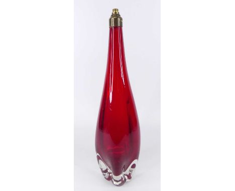 A 1960s Whitefriars ruby coloured art glass lamp, of elongated ovoid form with pinched lower detail, h.41.5cm Wiring loose.Re