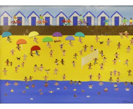 Gordon Barker (b.1960) - Figures playing on the beach with beach huts beyond, acrylic on paper, signed lower right, 29 x 39cm