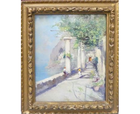 Oscar Ricciardi (1864-1935) - The Amalfi Coast with figures, palette knife oil on panel, signed lower left, 31 x 24.5cm 