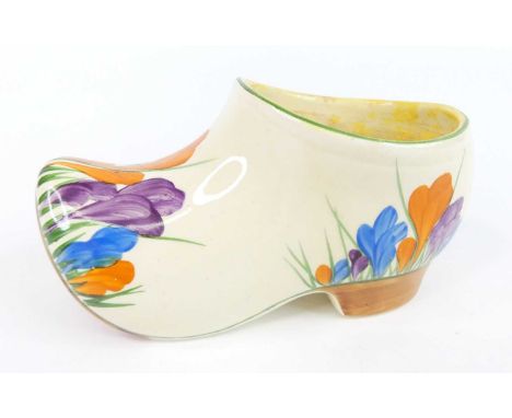 A 1930s Clarice Cliff Crocus pattern pottery large clog, typically bright colour decorated, black printed backstamp verso, le