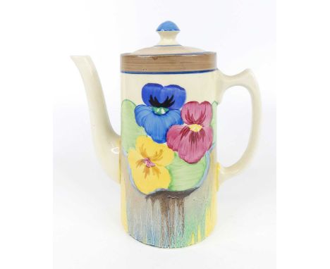 A 1930s Clarice Cliff Delicia Pansies pattern pottery coffee pot and cover, of cylindrical tapering form, bright colour decor