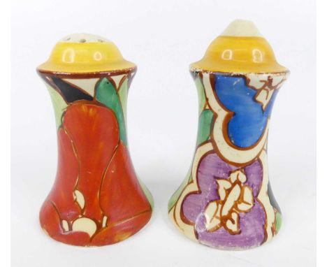 A pair of 1930s Clarice Cliff Gardinia (Red) pattern salt and pepper pots, each of waisted form, bright colour decorated, eac