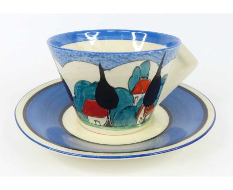 A rare Clarice Cliff May Avenue pattern pottery conical teacup and saucer, circa 1933, with angular block handle, typically b