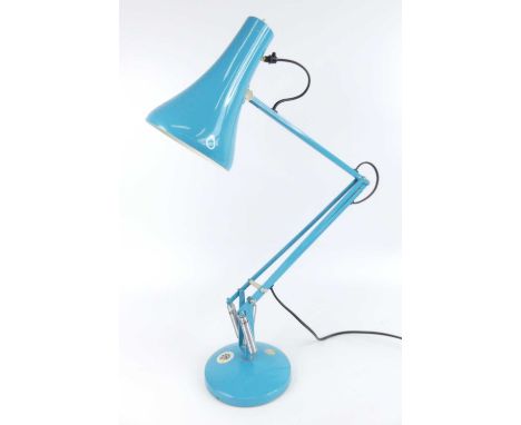 A 1960s turquoise painted metal anglepoise desk lamp, having typical hinged rotating action, raised on integral circular dome