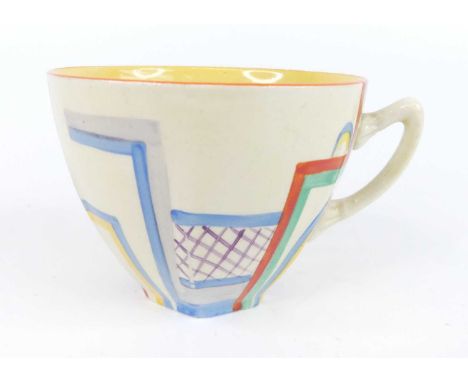 A 1930s Clarice Cliff Tennis pattern pottery teacup, of slightly lobed tapering form, bright colour decorated, black printed 