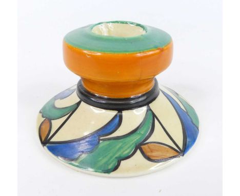 A 1930s Clarice Cliff Double V pattern pottery squat candlestick, typically bright colour decorated, black printed backstamp 