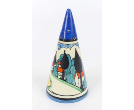 A rare Clarice Cliff May Avenue pattern pottery conical pepper, circa 1933, typically bright colour stylise decorated, black 