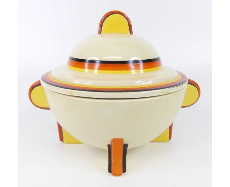 A 1930s Clarice Cliff banded Bizarre pottery tureen and cover, of block geometric form, black printed backstamp verso, h.18.5