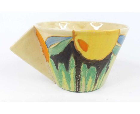 A 1930s Clarice Cliff Delicia Citrus pattern pottery conical teacup, with angular block handle, bright colour decorated, vari
