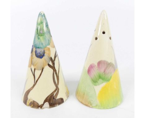 A pair of 1930s Clarice Cliff Viscaria pattern pottery conical salt and pepper pots, each bright colour decorated, each unmar