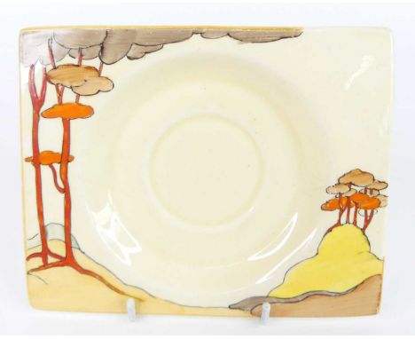 A 1930s Clarice Cliff Royal Staffordshire Coral Firs pattern pottery square dish, with circular sunken centre, bright colour 