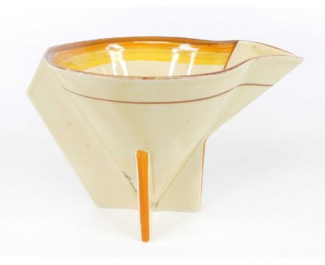 A 1930s Clarice Cliff banded Bizarre conical pottery milk jug, with angular stylised block handle to 'rocket' shaped supports