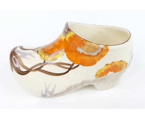A 1930s Clarice Cliff Rhodanthe pattern pottery large clog, typically bright colour decorated, black printed backstamp verso,