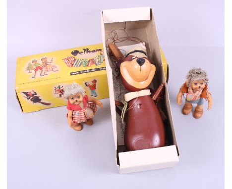 A Pelham Yogi Bear puppet, in box, and two rubber figures of Macki and Mucki hedgehogs