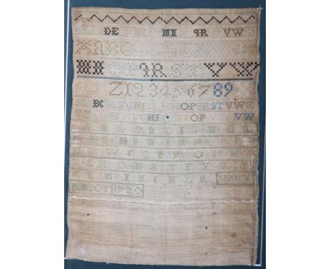 An 18th century needlepoint sampler, by Mary Abbot, dated 1720, 11" x 8", in maple frame