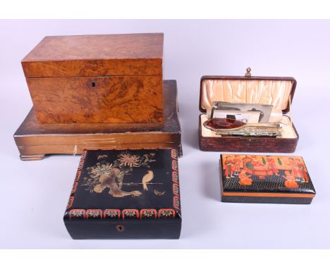 A walnut tea caddy, a tortoiseshell brush and comb set, a cutlery box and two other boxes