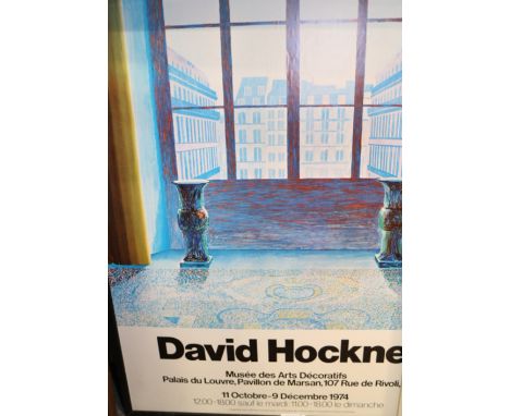 A colour poster advertising a David Hockney exhibition, Paris 1974, in ebonsied strip frame